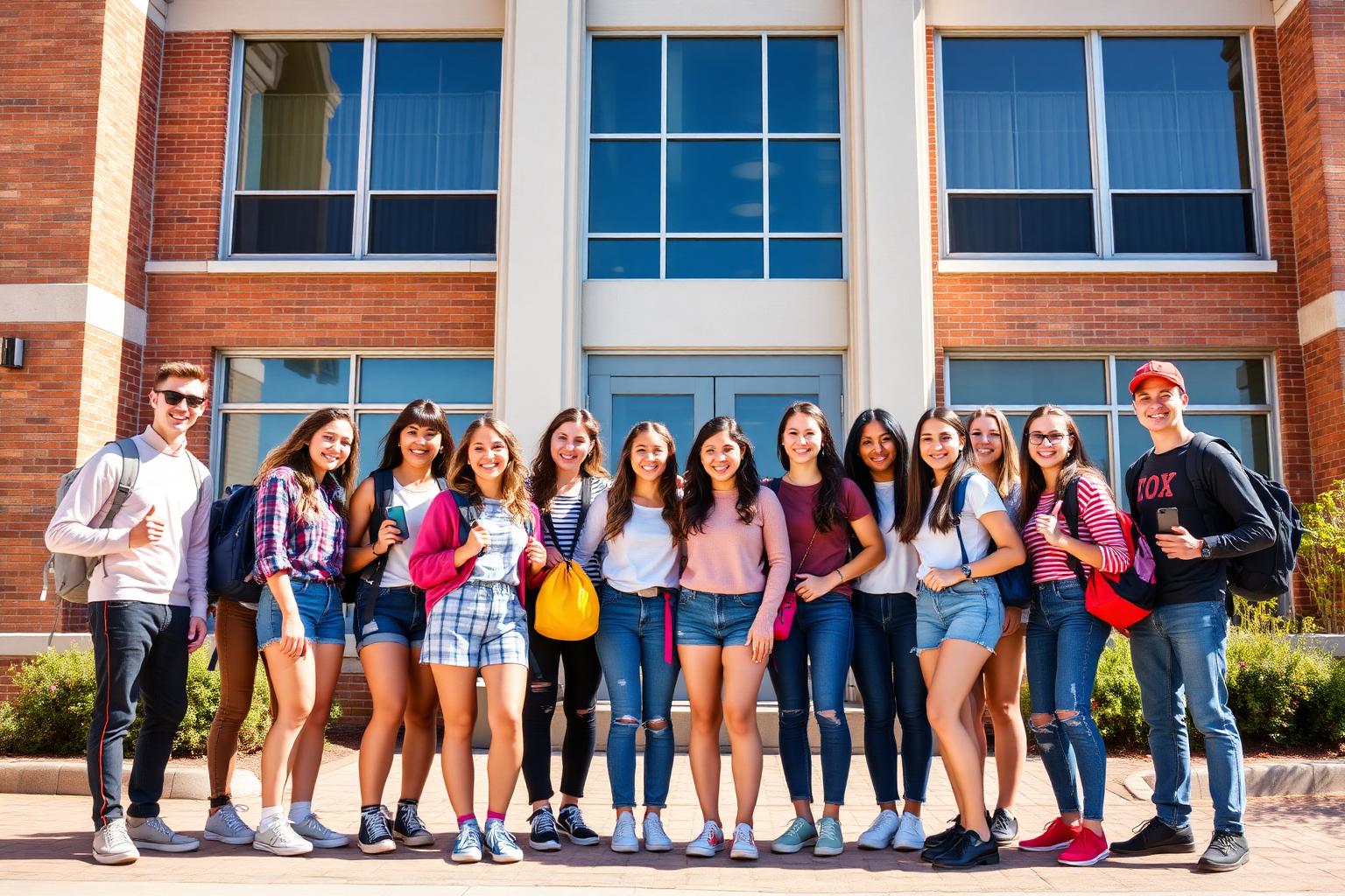 Estudantes de intercâmbio em frente à high school